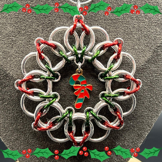 Silver, Green & Red Chainmaille Wreath Christmas Ornament, Anodized/Bright Aluminum Measuring Approx. 2.75" Tall, Holiday Ornament, Holidays