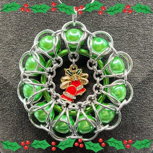 Silver & Green Chainmaille Wreath Christmas Ornament, Bright Aluminum and Glass Beads Measuring Approx. 2" Tall, Holiday Ornament, Holidays