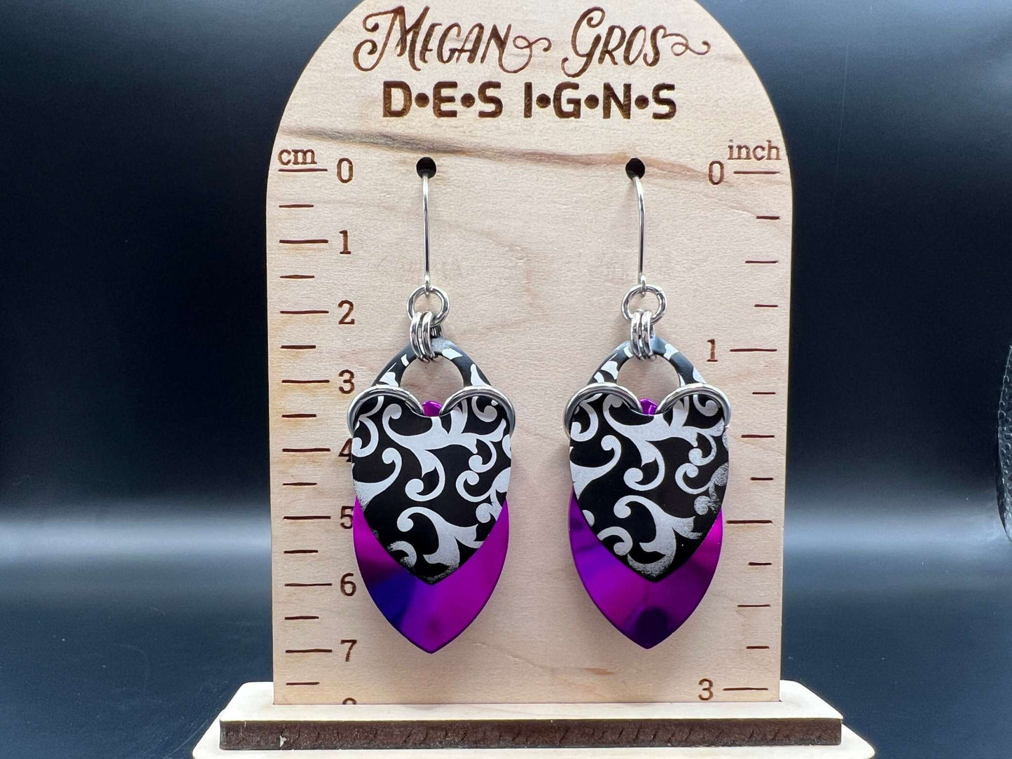 Filigree Laser Engraved Anodized Aluminum Scalemaille Earrings, Stainless Steel Hooks Measure Approx. 2.75" in Length Including Hook