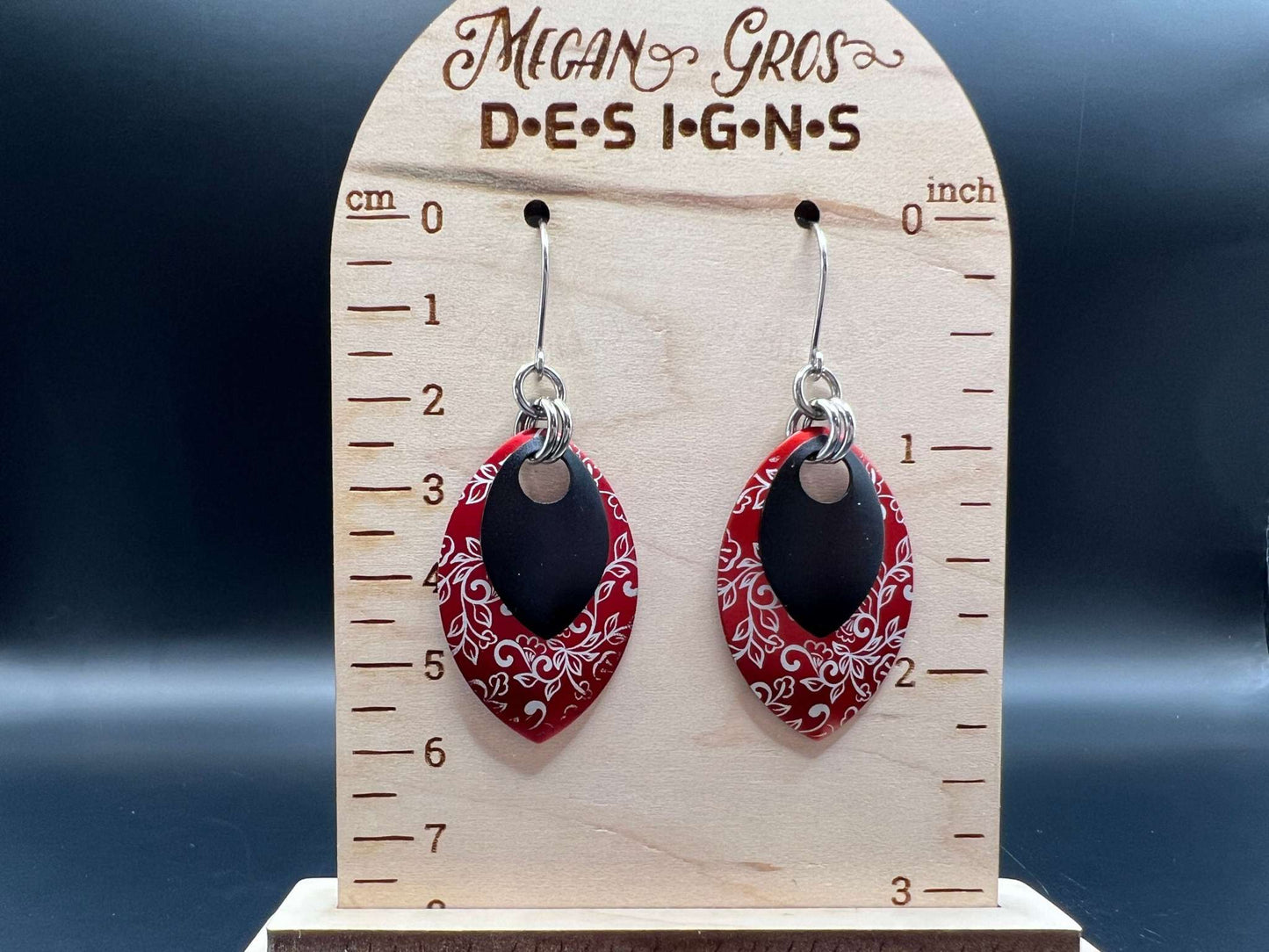 Black & Red Laser Engraved Anodized Aluminum Scalemaille Earrings, Stainless Steel Hooks Measure Approx. 2.25" in Length Including Hook