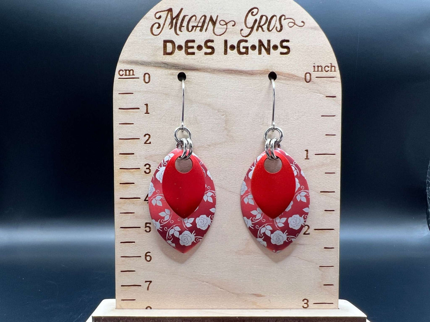 Rosy Red Laser Engraved Anodized Aluminum Scalemaille Earrings, Stainless Steel Hooks Measure Approx. 2.25" in Length Including Hook