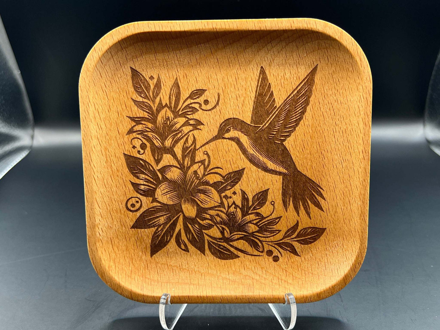 Hummingbird Laser Engraved Wood Trinket Tray Measuring Approx. 5" in Diameter. Jewellery Storage, Decorative Tray