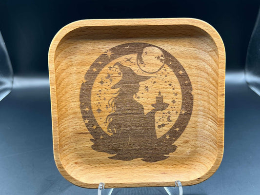 Witchy Moon Ritual Laser Engraved Wood Trinket Tray Measuring Approx. 5" in Diameter. Jewellery Storage, Decorative Tray