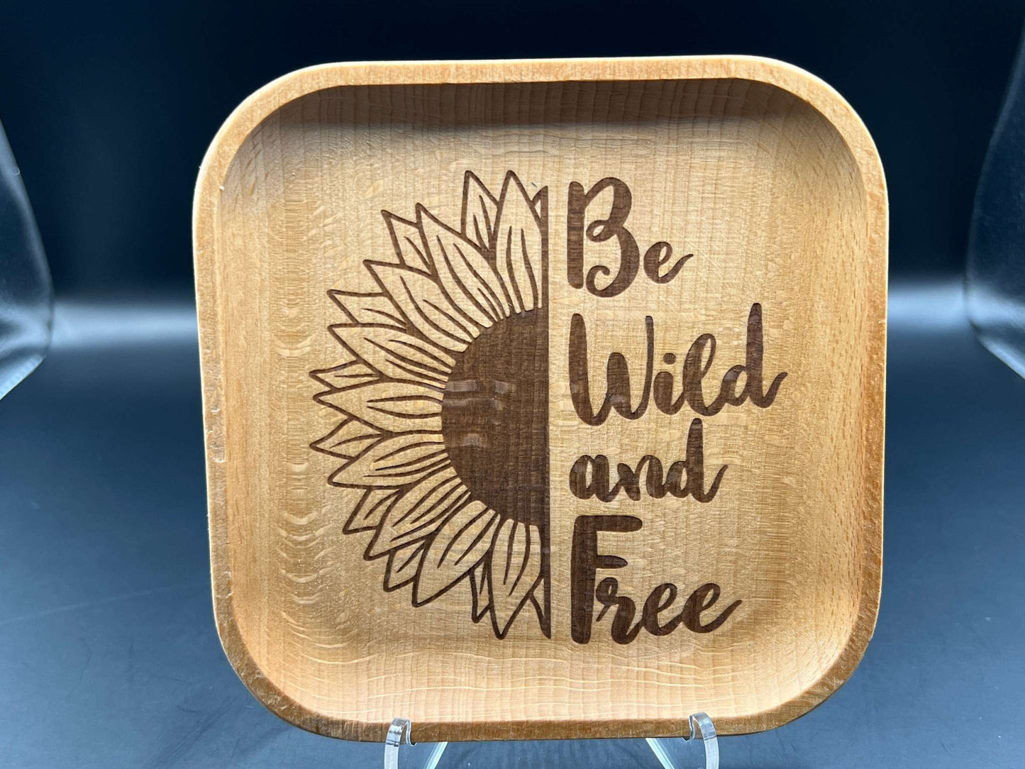 Be Wild & Free Sunflower Laser Engraved Wood Trinket Tray Measuring Approx. 5" in Diameter. Jewellery Storage, Decorative Tray