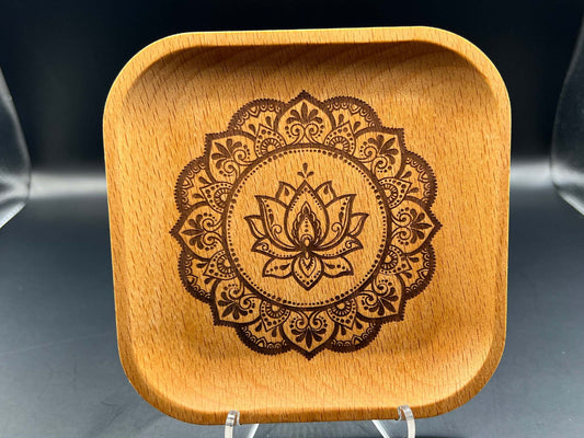 Lotus Mandala Sunflower Laser Engraved Wood Trinket Tray Measuring Approx. 5" in Diameter. Jewellery Storage, Decorative Tray