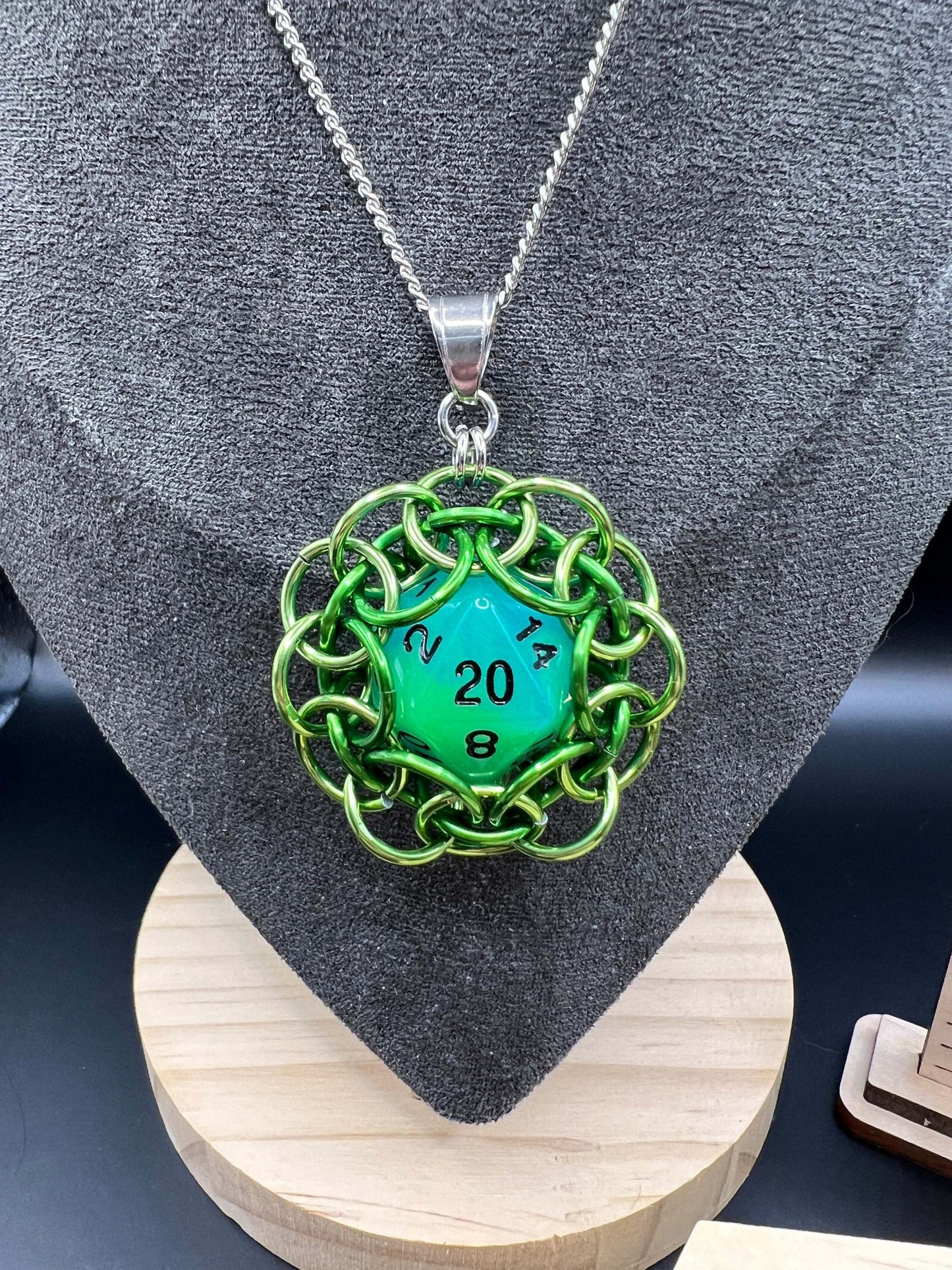 Neon Green & Yellow d20 Dice Gift Set in Laser Engraved Wooden Box - Includes Pendant (2"), Earrings (1.75") and Box