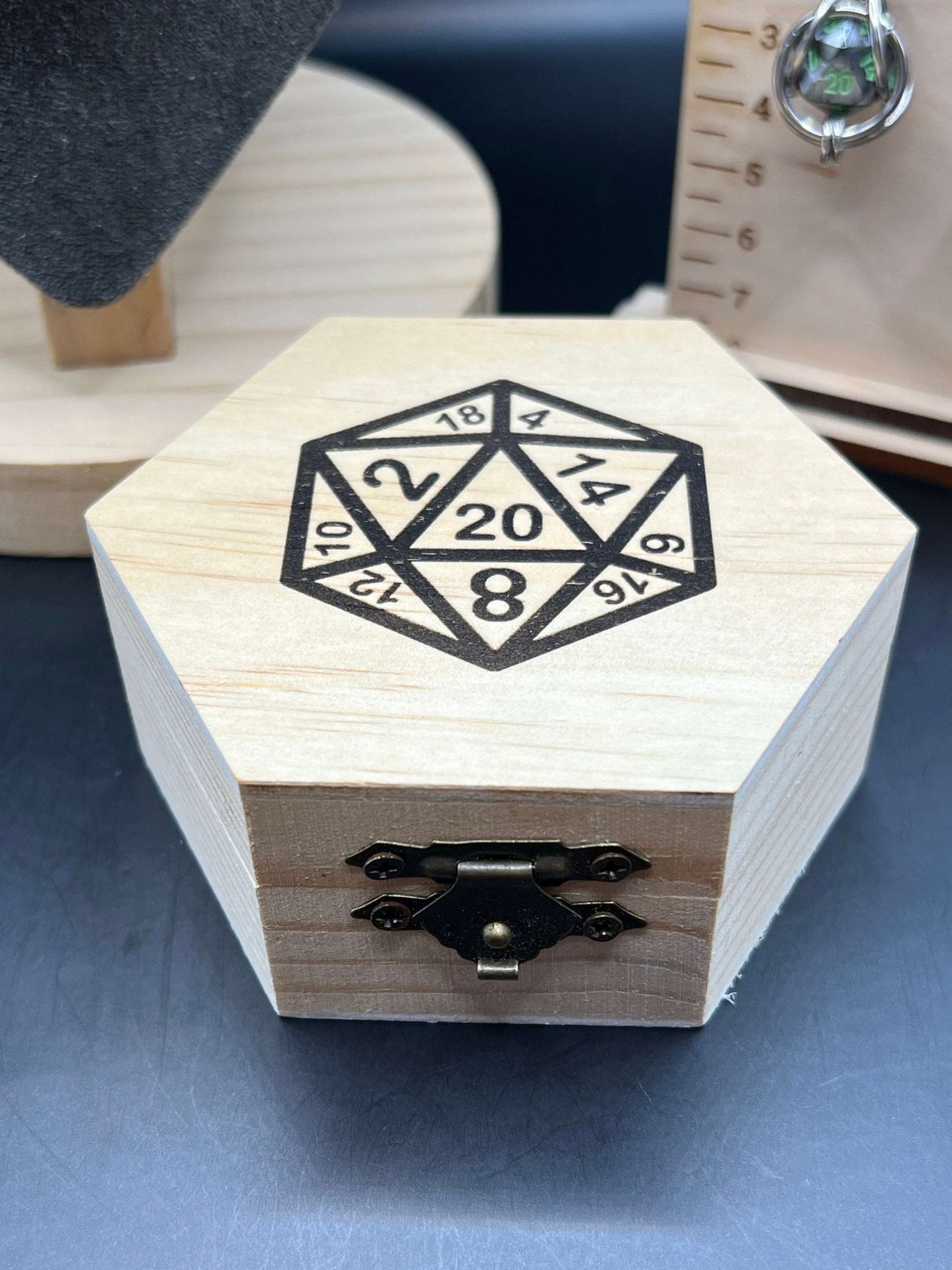 Purple & Green d20 Dice Gift Set in Laser Engraved Wooden Box - Includes Pendant (2"), Earrings (1.75") and Box