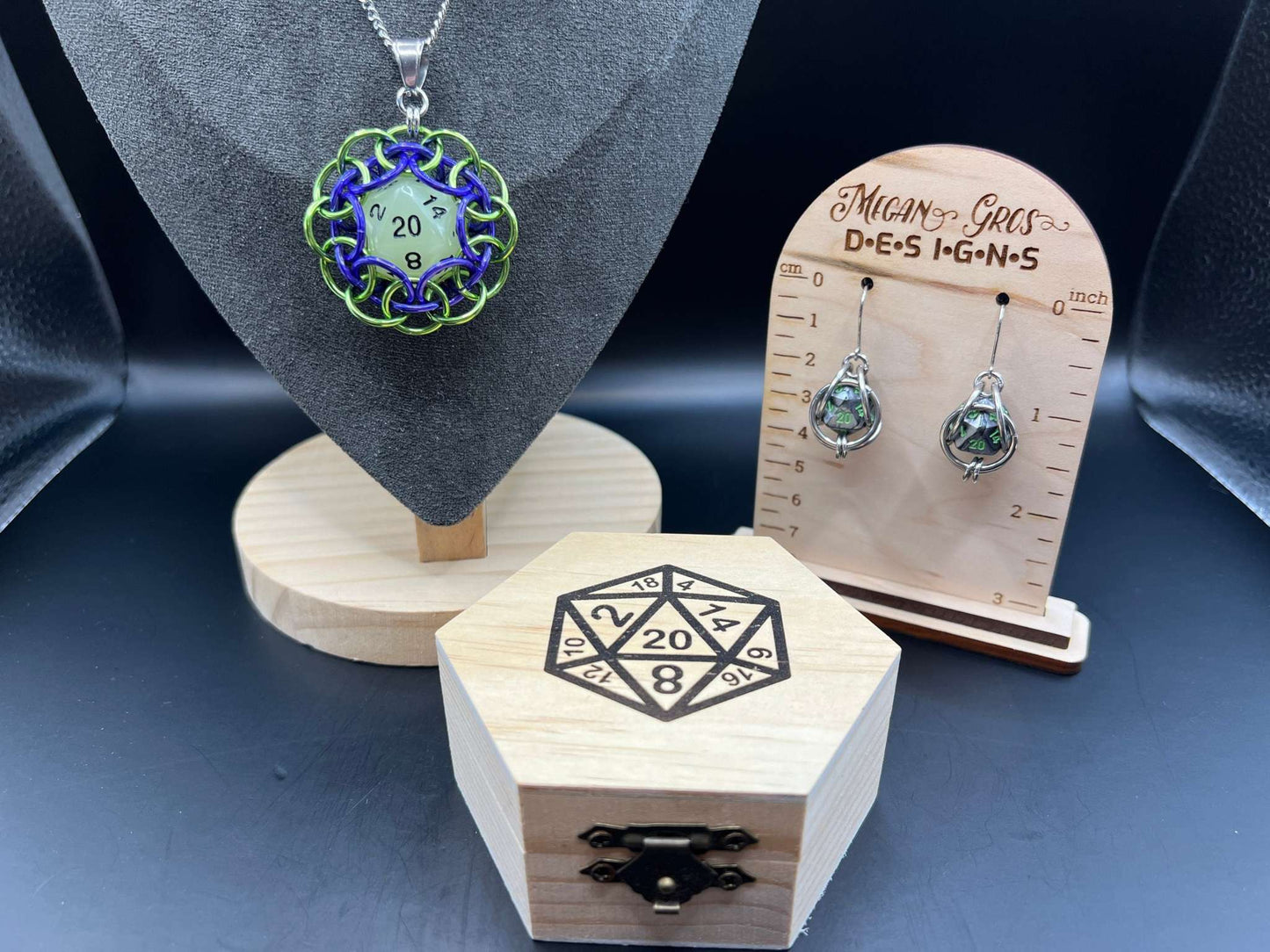 Purple & Green d20 Dice Gift Set in Laser Engraved Wooden Box - Includes Pendant (2"), Earrings (1.75") and Box