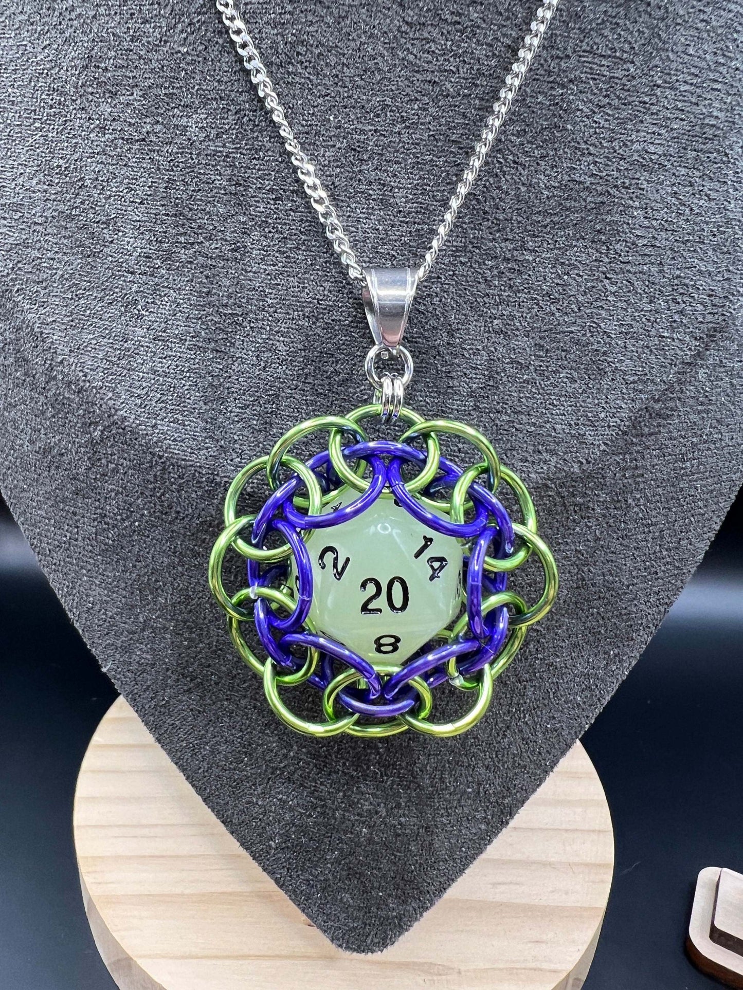 Purple & Green d20 Dice Gift Set in Laser Engraved Wooden Box - Includes Pendant (2"), Earrings (1.75") and Box