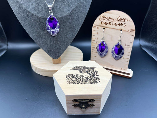 Dolphin-Themed Scalemaille Jewellery Gift Set in Laser Engraved Wooden Box - Includes Pendant (2.25"), Earrings (2.5") and Box