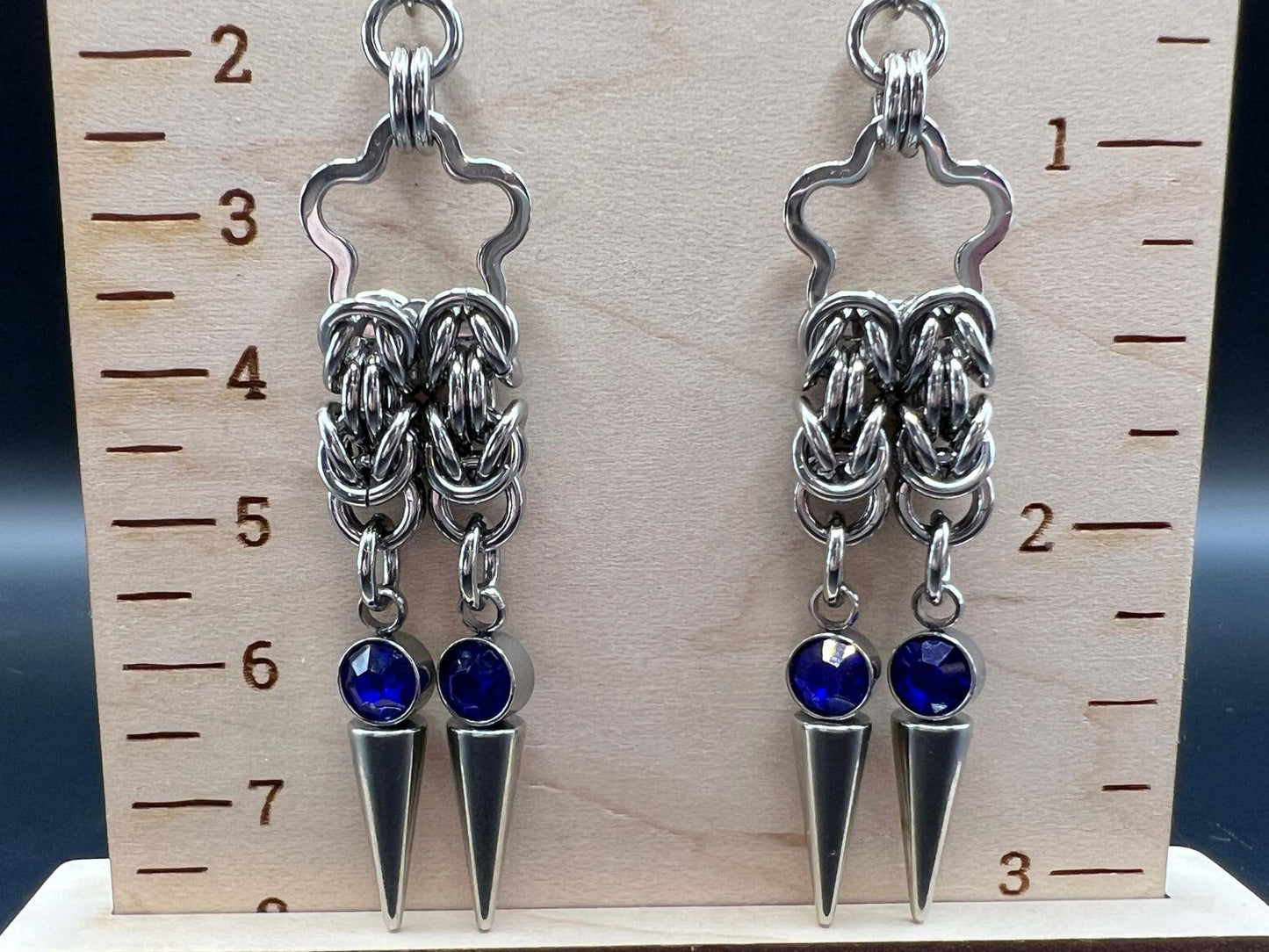 Blue-Accented Spiked Stainless Steel Earrings, Stainless Steel Hooks Measure Approx. 3" in Length Including Hook