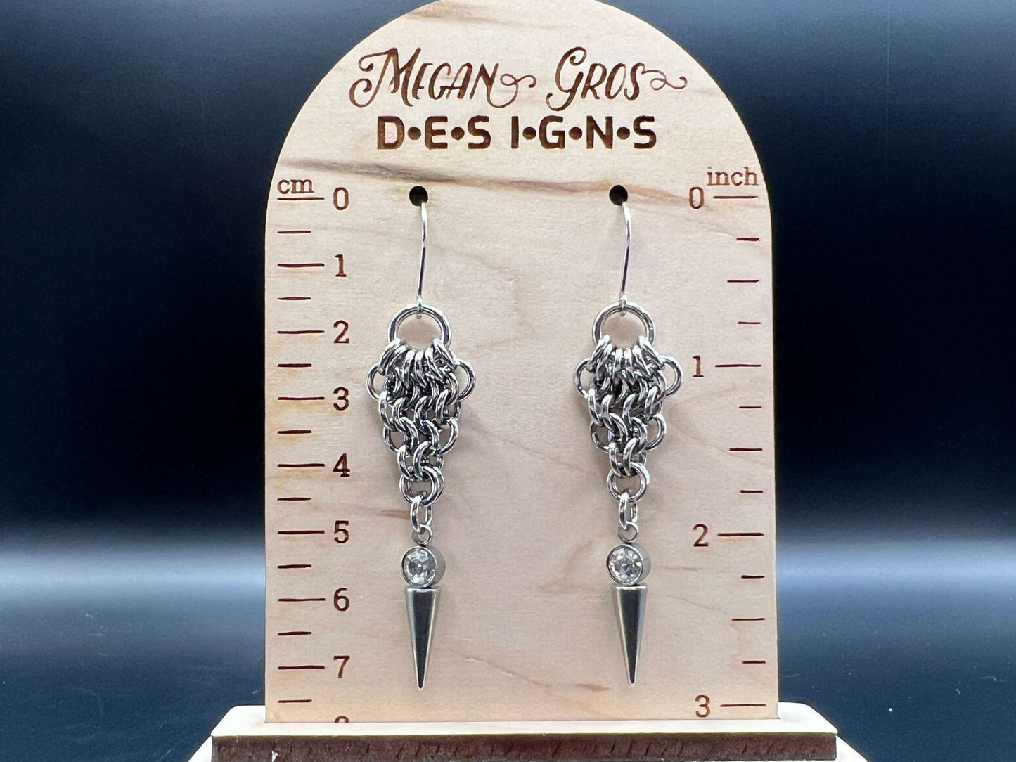 Clear-Accented Spiked Stainless Steel Earrings, Stainless Steel Hooks Measure Approx. 3" in Length Including Hook