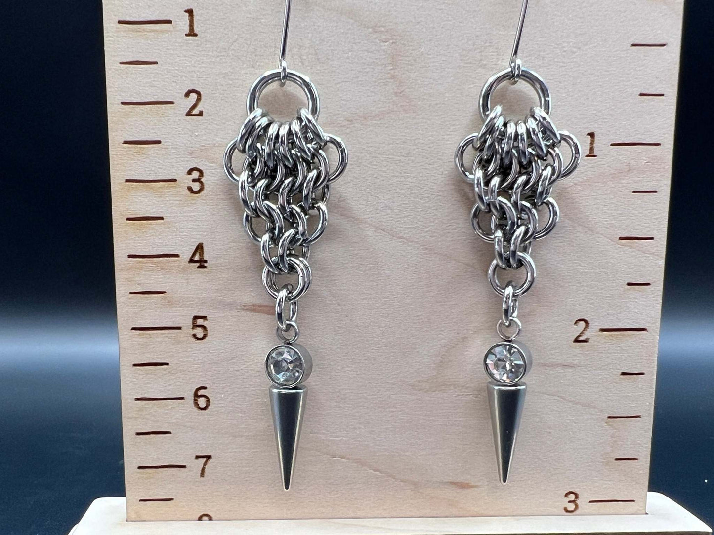 Clear-Accented Spiked Stainless Steel Earrings, Stainless Steel Hooks Measure Approx. 3" in Length Including Hook