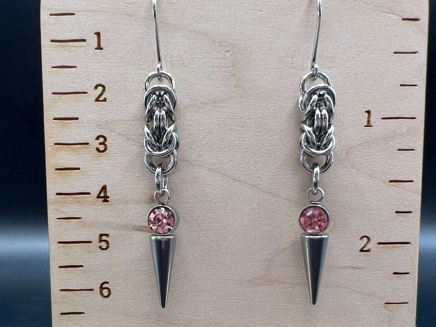 Pink-Accented Spiked Stainless Steel Earrings, Stainless Steel Hooks Measure Approx. 2.5" in Length Including Hook