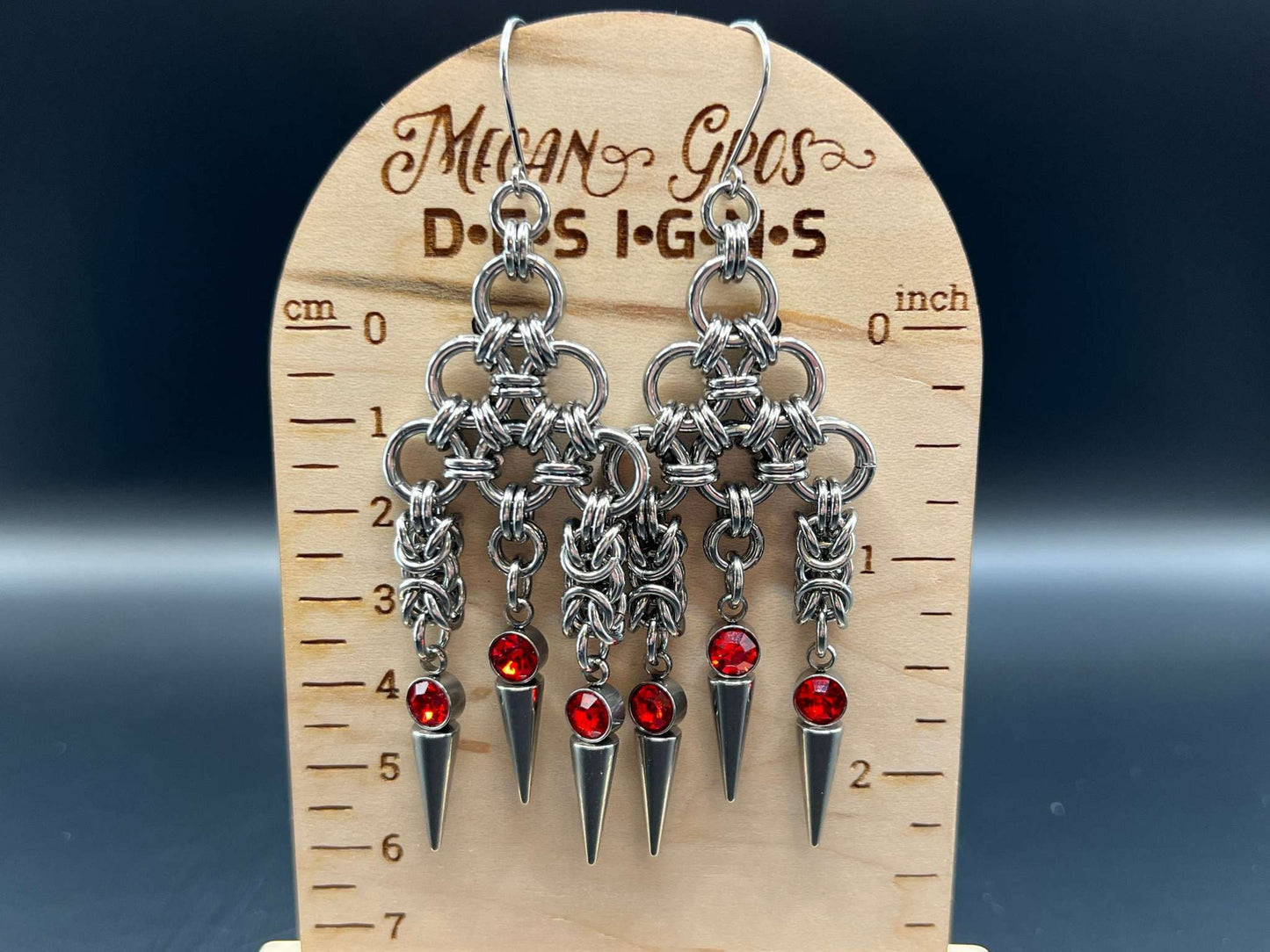 Red-Accented Spiked Stainless Steel Earrings, Stainless Steel Hooks Measure Approx. 3.75" in Length Including Hook