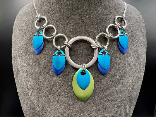 Peacock Inspiration - Stainless Steel and Anodized Aluminum Chainmaille & Scalemaille Necklace Measuring Approx. 25.5" Long