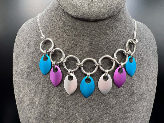 Turquoise, Violet and Frost - Stainless Steel and Anodized Aluminum Chainmaille & Scalemaille Necklace Measuring Approx. 25" Long