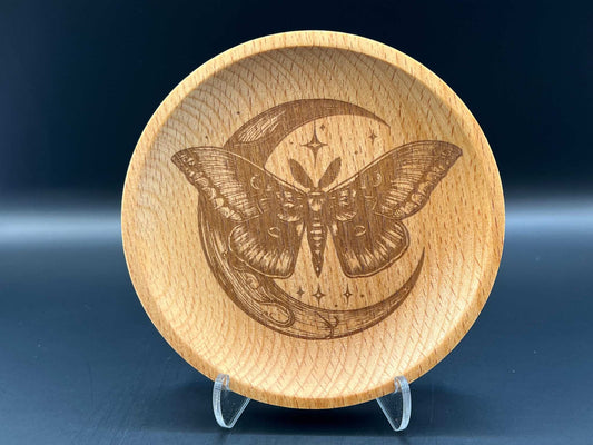 Moth & Moon Laser Engraved Round Wood Trinket Tray Measuring Approx. 4.5" in Diameter. Jewellery Storage, Decorative Tray