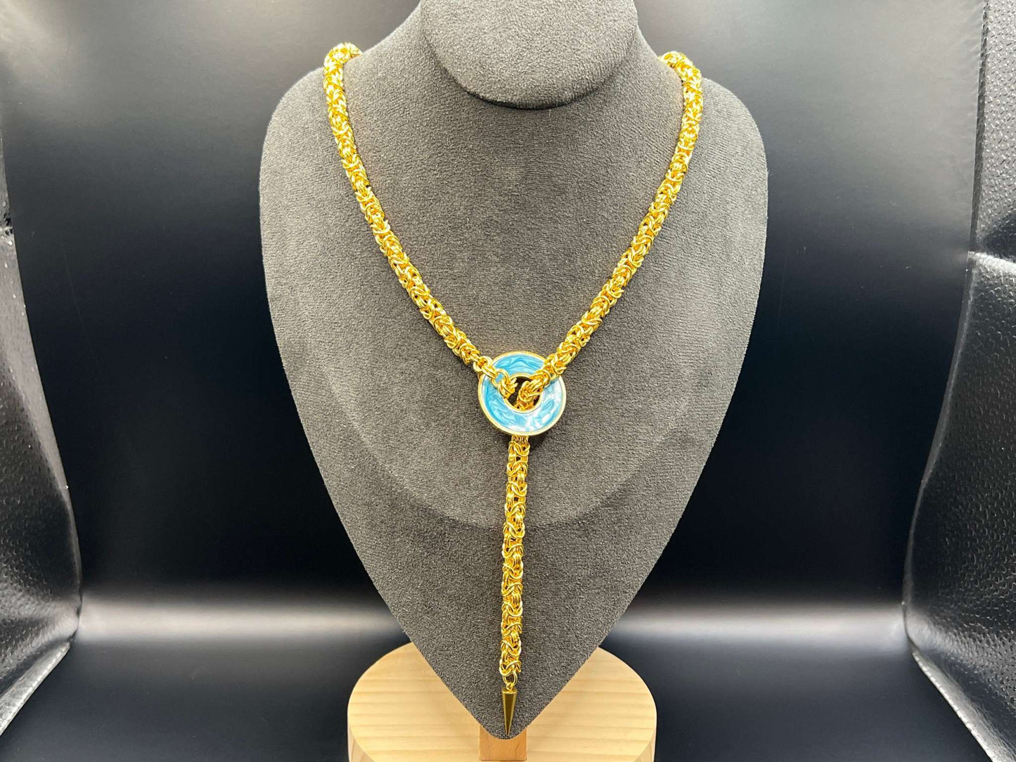 Byzantine Lariat Necklace with Spike at End - Measures Approx. 25" Long from Spike-Ring, Solid 24k Gold Plated Stainless Steel, Nice Drape