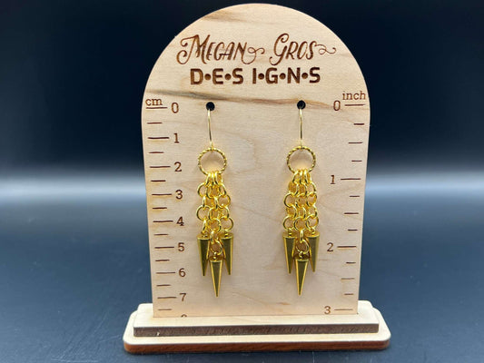 24k Gold Plated Spiked Stainless Steel Earrings, Stainless Steel Hooks Measure Approx. 2.75" in Length Including Hook