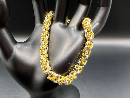 Petite Byzantine Solid Stainless Steel & 24k Gold-Plated Stainless Steel Bracelet Chainmaille Stainless Steel Clasp Adjustable 8-9" Long