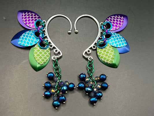 Mermaid Scales - Set of 2 Scalemaille Ear Cuffs with Anodized Aluminum Laser Engraved Scales and Glass Beaded Detail