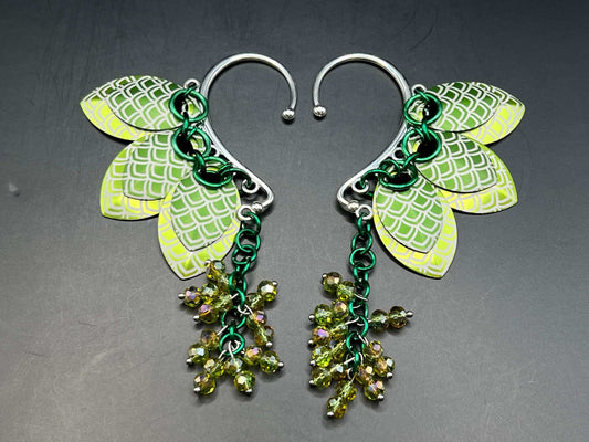 Dragon Scales - Set of 2 Scalemaille Ear Cuffs with Anodized Aluminum Laser Engraved Scales and Glass Beaded Detail