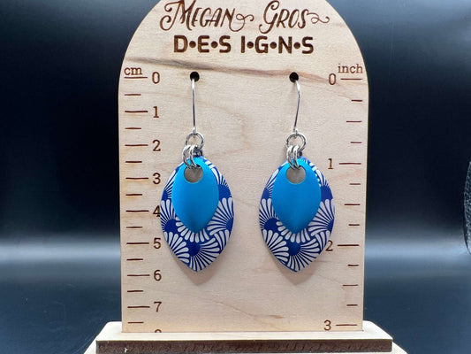 Blue Waves Laser Engraved Anodized Aluminum Scalemaille Earrings, Stainless Steel Hooks Measure Approx. 2.25" in Length Including Hook