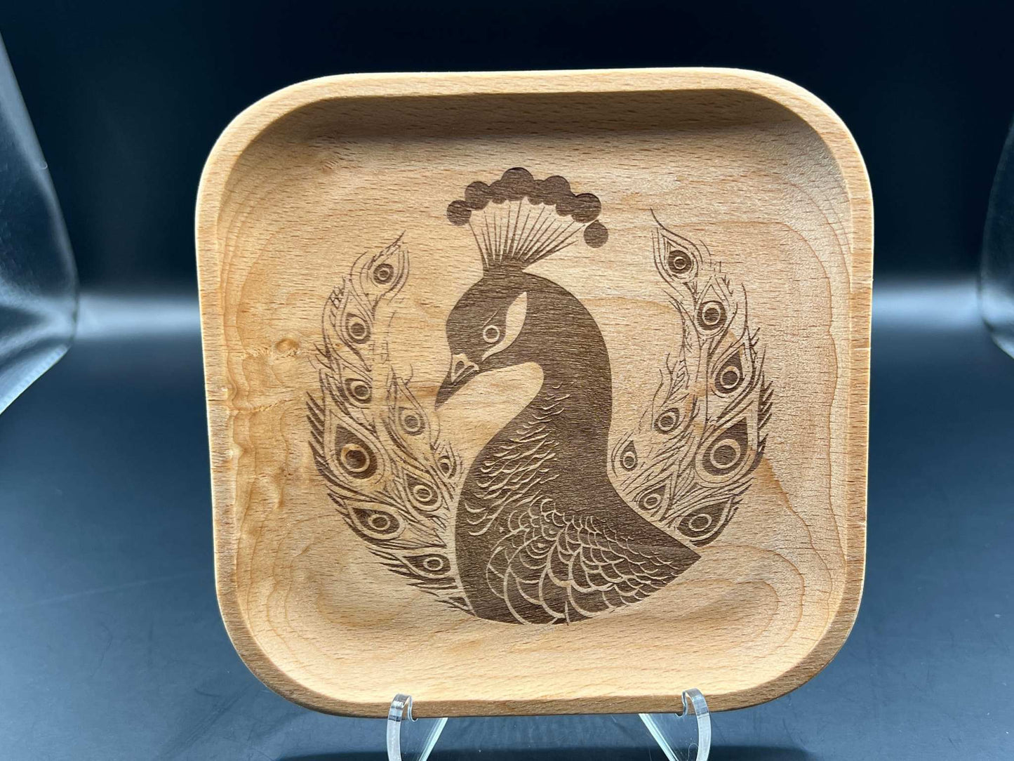 Peacock Laser Engraved Wood Trinket Tray Measuring Approx. 5" in Diameter. Jewellery Storage, Decorative Tray