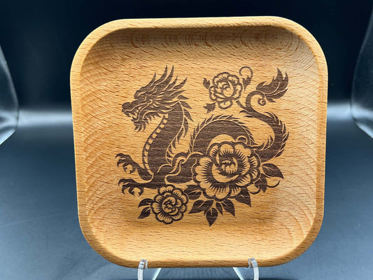 Floral Dragon Laser Engraved Wood Trinket Tray Measuring Approx. 5" in Diameter. Jewellery Storage, Decorative Tray