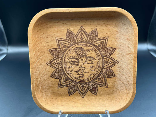 Sun & Moon Mandala Laser Engraved Wood Trinket Tray Measuring Approx. 5" in Diameter. Jewellery Storage, Decorative Tray