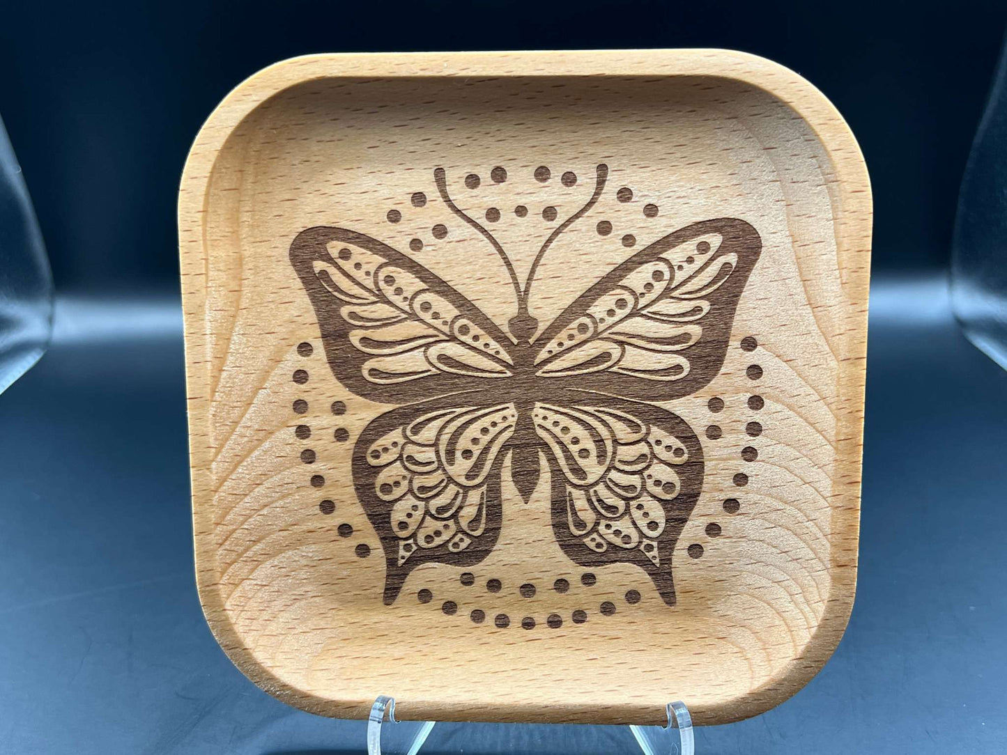 Butterfly 1 Laser Engraved Wood Trinket Tray Measuring Approx. 5" in Diameter. Jewellery Storage, Decorative Tray