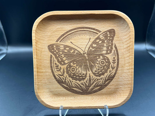 Butterfly 2 Laser Engraved Wood Trinket Tray Measuring Approx. 5" in Diameter. Jewellery Storage, Decorative Tray