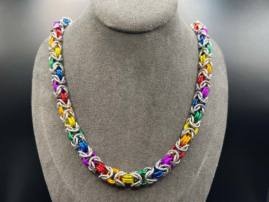 Rainbow Byzantine Stainless Steel & Anodized Aluminum Chainmaille Necklace Measuring Approx. 24" Long