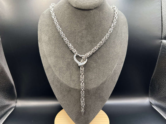 Byzantine Lariat Necklace with Spike at End - Measures Approx. 26" Long from Spike to Ring, Solid Stainless Steel with Nice Drape