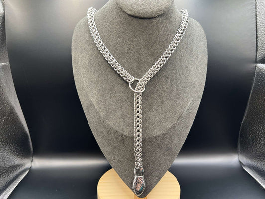 Foxtail Lariat Necklace with Snake Head at End - Measures Approx. 27" Long from Snake to Ring, Solid Stainless Steel with Nice Drape