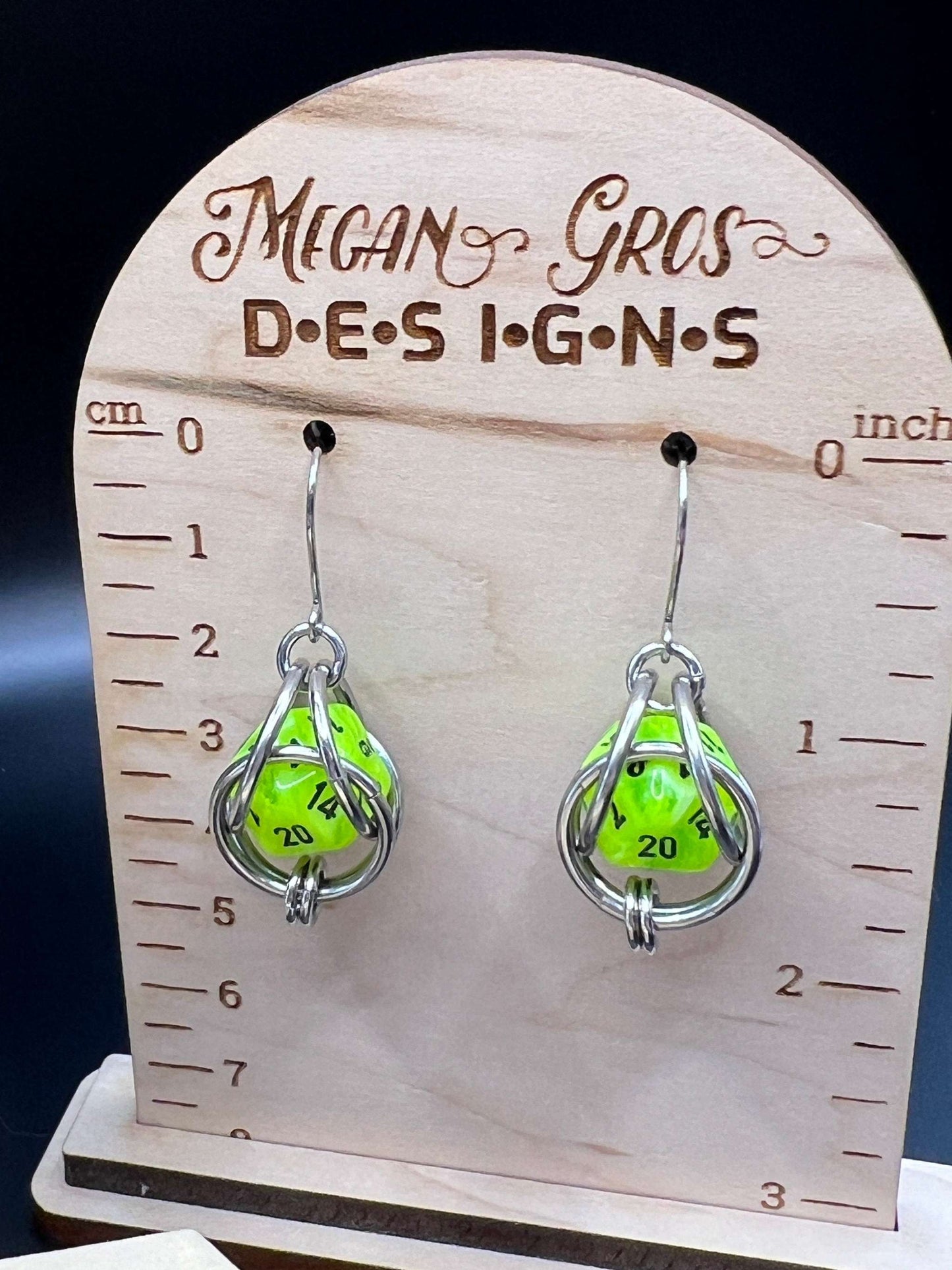 Neon Green & Yellow d20 Dice Gift Set in Laser Engraved Wooden Box - Includes Pendant (2"), Earrings (1.75") and Box