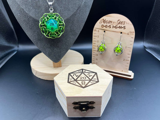 Neon Green & Yellow d20 Dice Gift Set in Laser Engraved Wooden Box - Includes Pendant (2"), Earrings (1.75") and Box