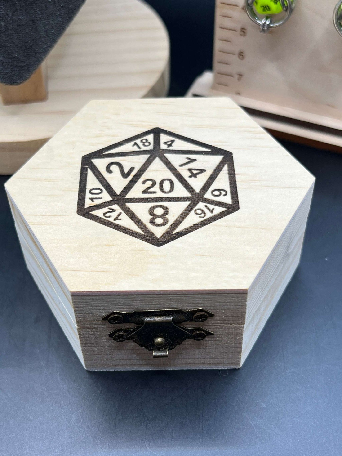 Neon Green & Yellow d20 Dice Gift Set in Laser Engraved Wooden Box - Includes Pendant (2"), Earrings (1.75") and Box