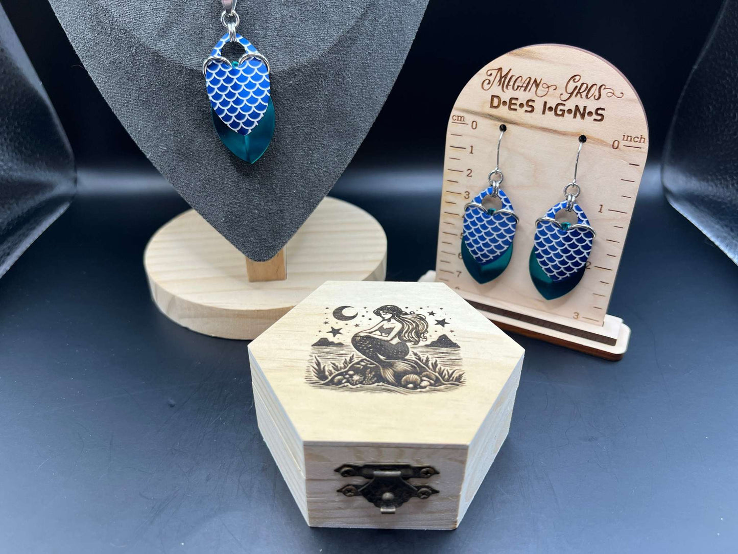 Mermaid-Themed Scalemaille Jewellery Gift Set in Laser Engraved Wooden Box - Includes Pendant (2.5"), Earrings (2.75") and Box