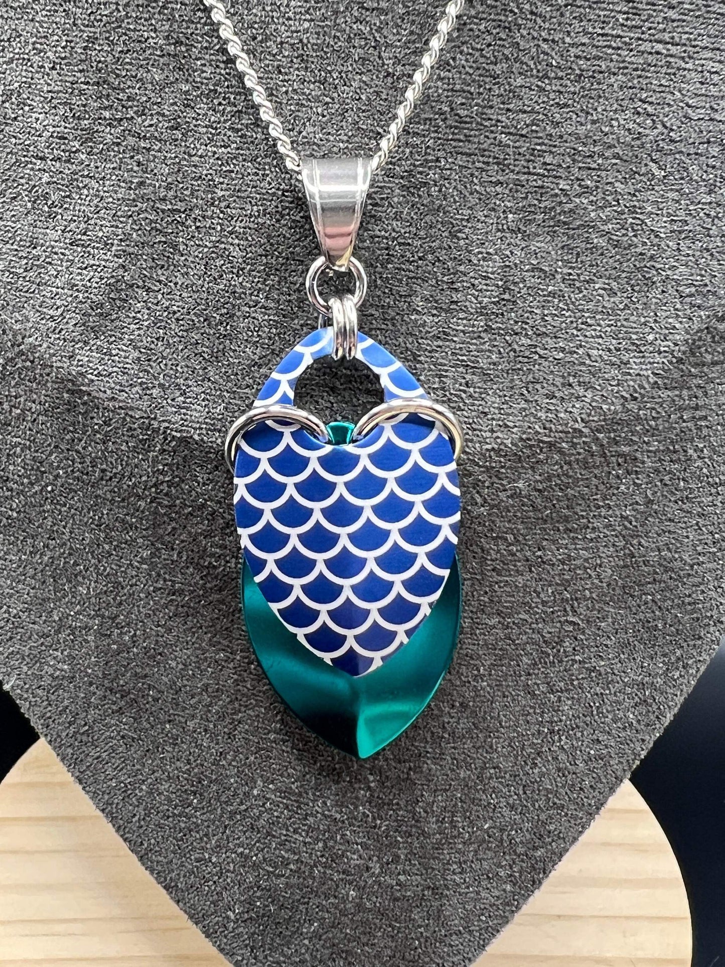 Mermaid-Themed Scalemaille Jewellery Gift Set in Laser Engraved Wooden Box - Includes Pendant (2.5"), Earrings (2.75") and Box