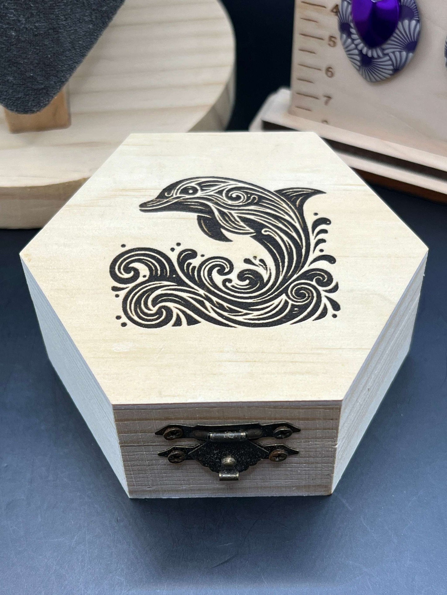 Dolphin-Themed Scalemaille Jewellery Gift Set in Laser Engraved Wooden Box - Includes Pendant (2.25"), Earrings (2.5") and Box