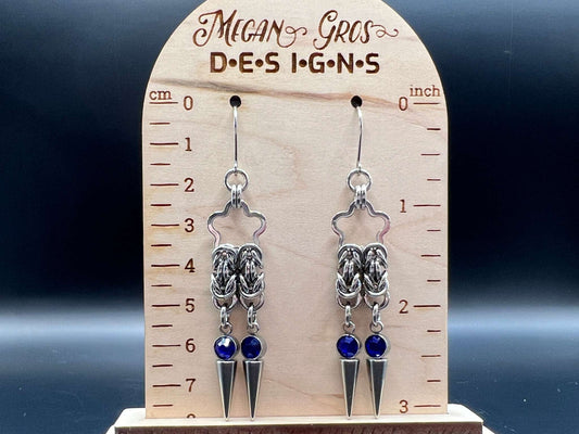 Blue-Accented Spiked Stainless Steel Earrings, Stainless Steel Hooks Measure Approx. 3" in Length Including Hook