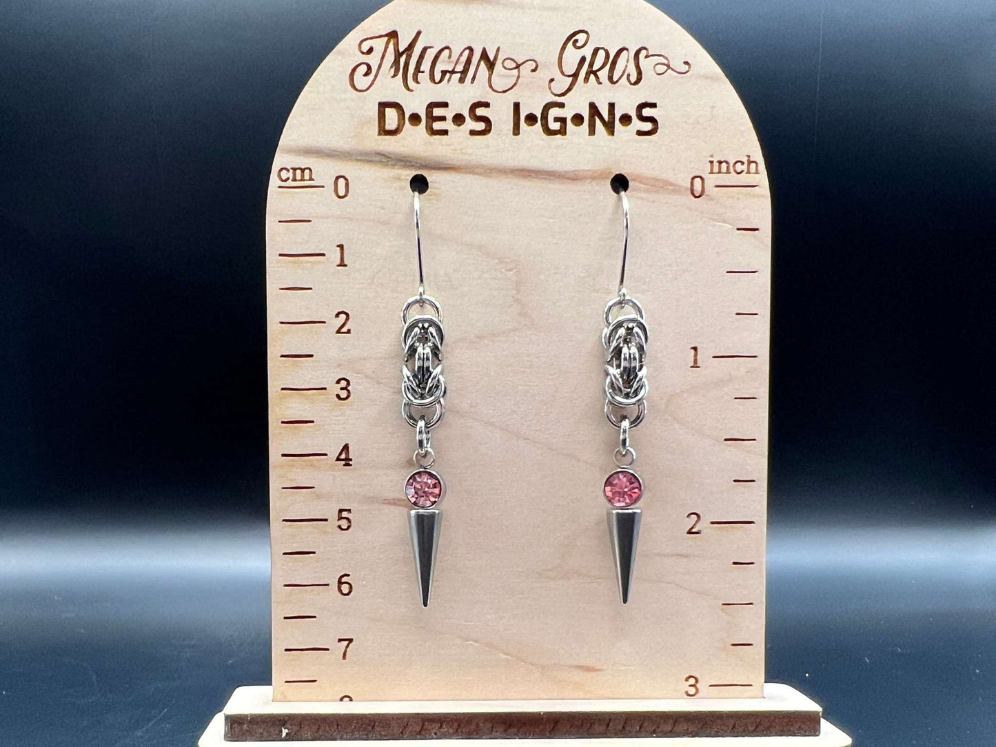 Pink-Accented Spiked Stainless Steel Earrings, Stainless Steel Hooks Measure Approx. 2.5" in Length Including Hook