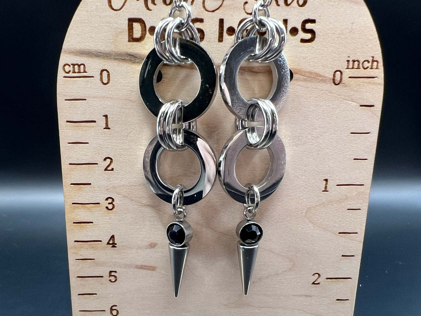 Black-Accented Spiked Stainless Steel Earrings, Stainless Steel Hooks Measure Approx. 3.25" in Length Including Hook