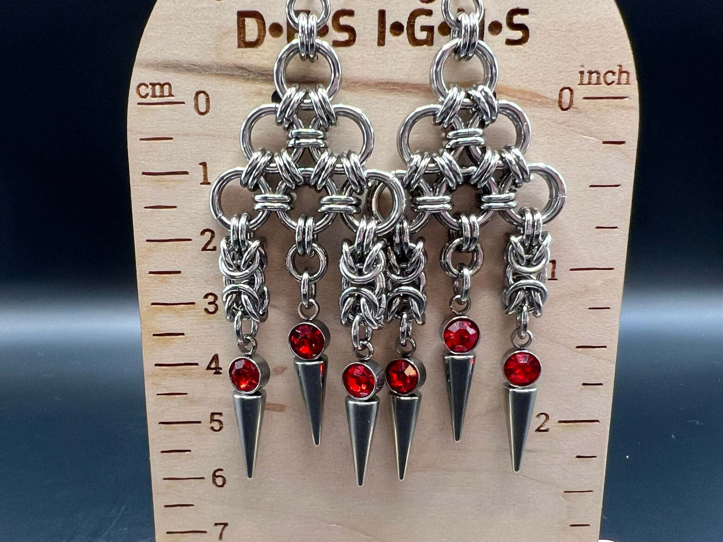 Red-Accented Spiked Stainless Steel Earrings, Stainless Steel Hooks Measure Approx. 3.75" in Length Including Hook