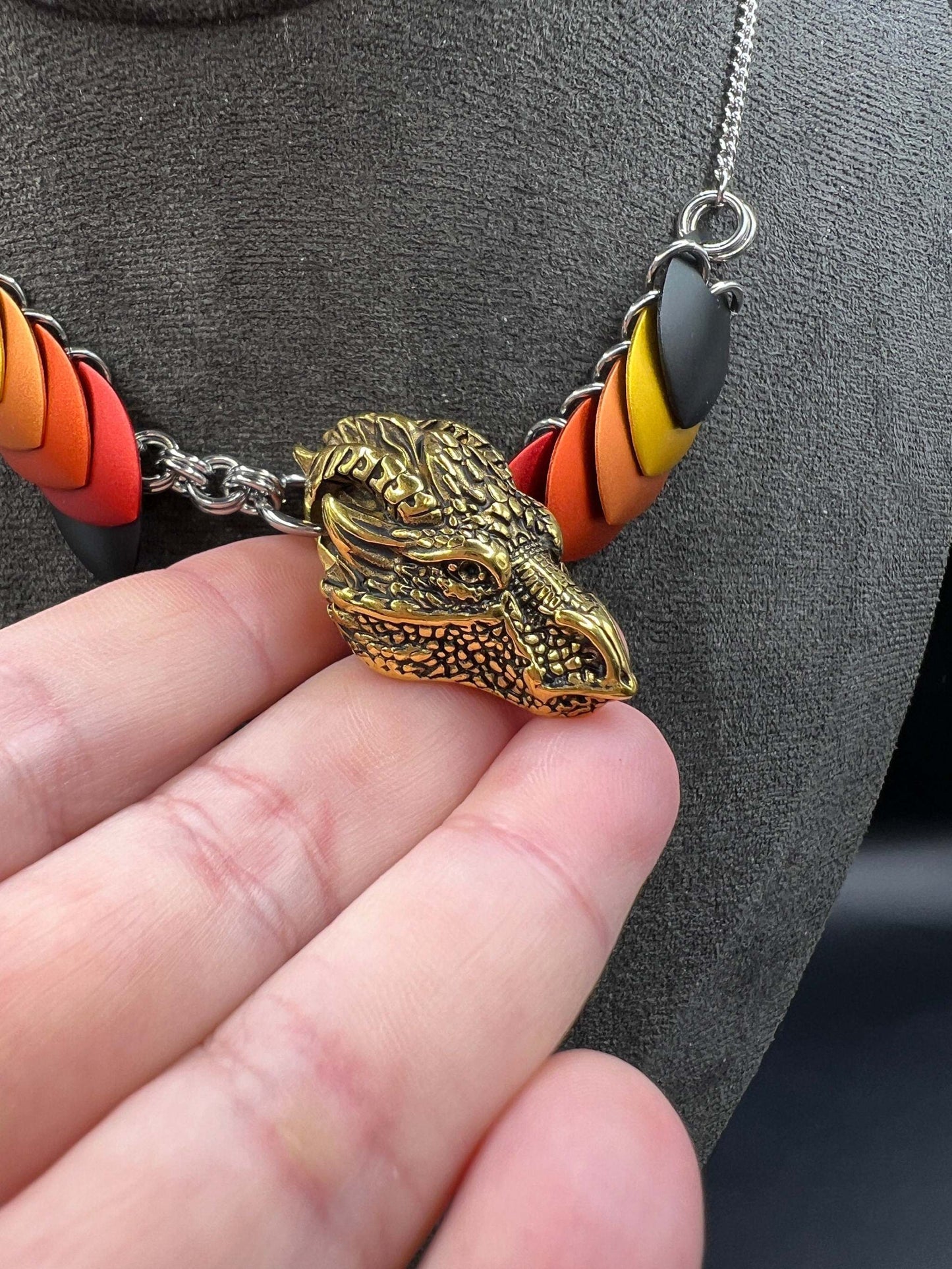 Fiery Golden Dragon - Stainless Steel and Anodized Aluminum Scalemaille Necklace Measuring Approx. 24.5" Long