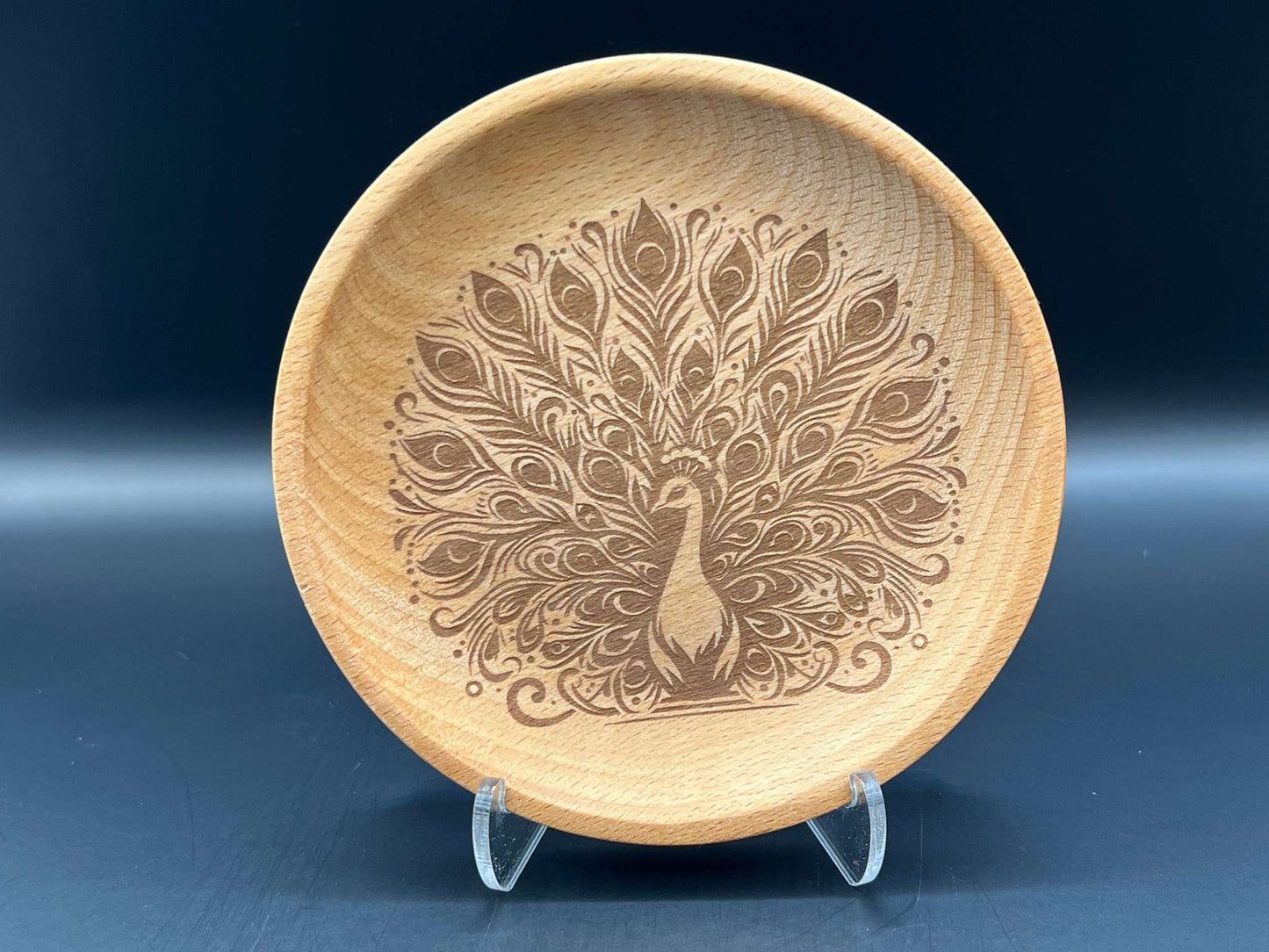 Peacock Laser Engraved Round Wood Trinket Tray Measuring Approx. 4.5" in Diameter. Jewellery Storage, Decorative Tray