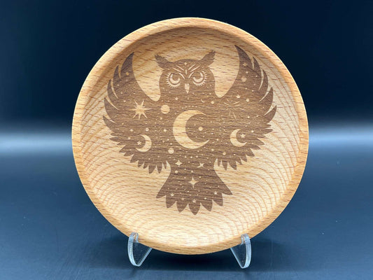 Celestial Owl Laser Engraved Round Wood Trinket Tray Measuring Approx. 4.5" in Diameter. Jewellery Storage, Decorative Tray