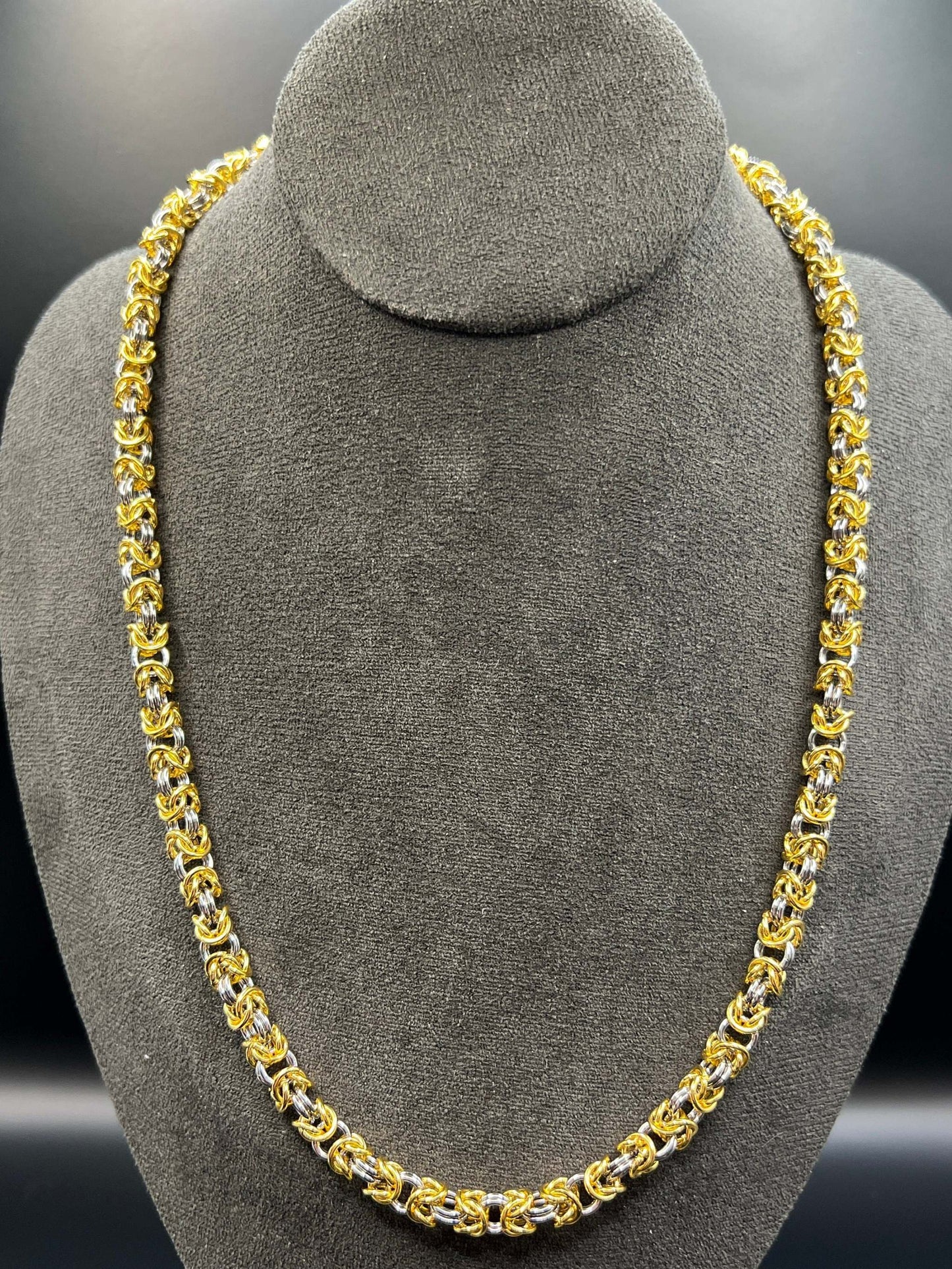 24k Gold-Plated & Natural Stainless Steel Chainmaille Necklace in Petite Byzantine, Measures Approx. 21.5" Long